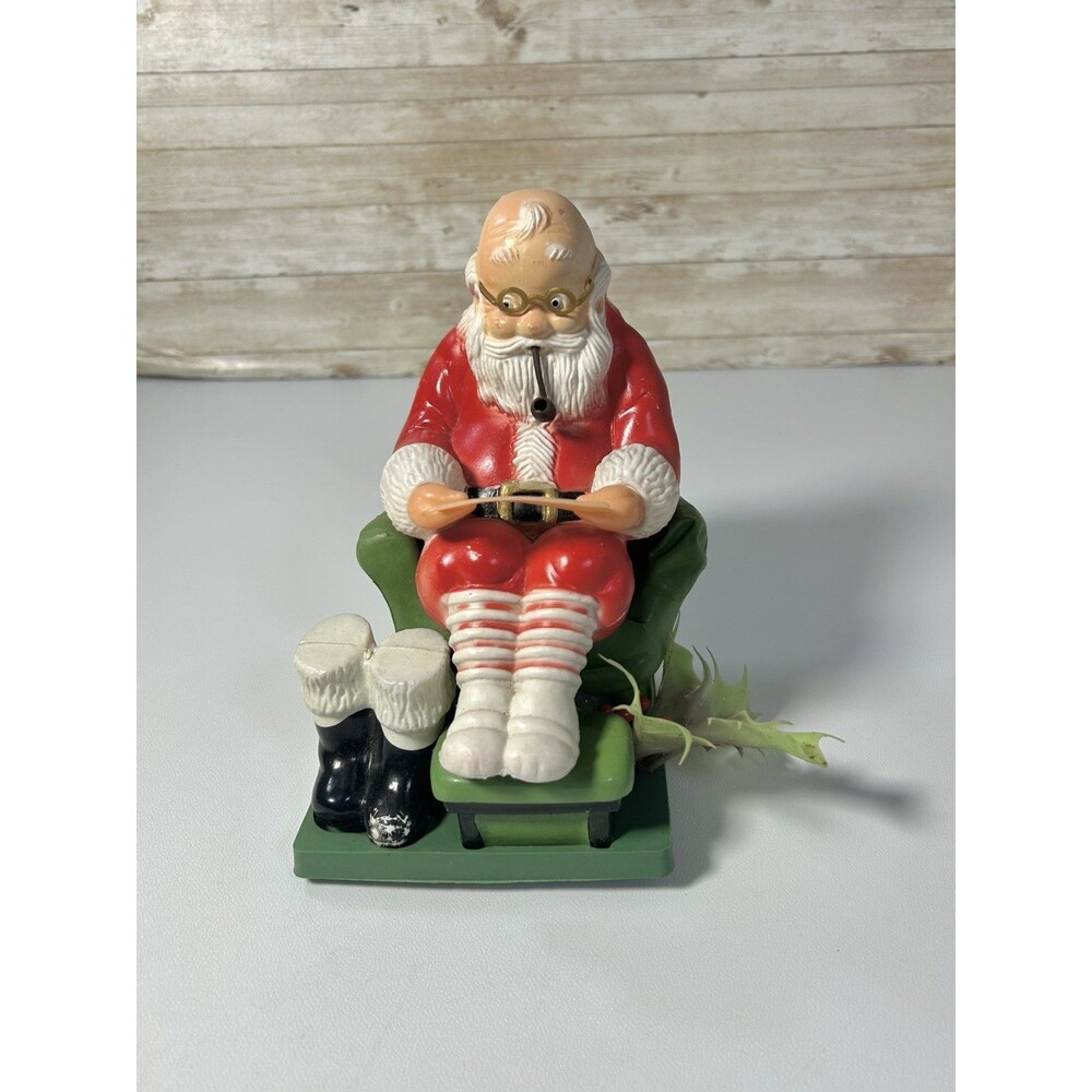 Vtg Plastic Sitting Christmas Santa Claus Checking List Smoking Green Chair